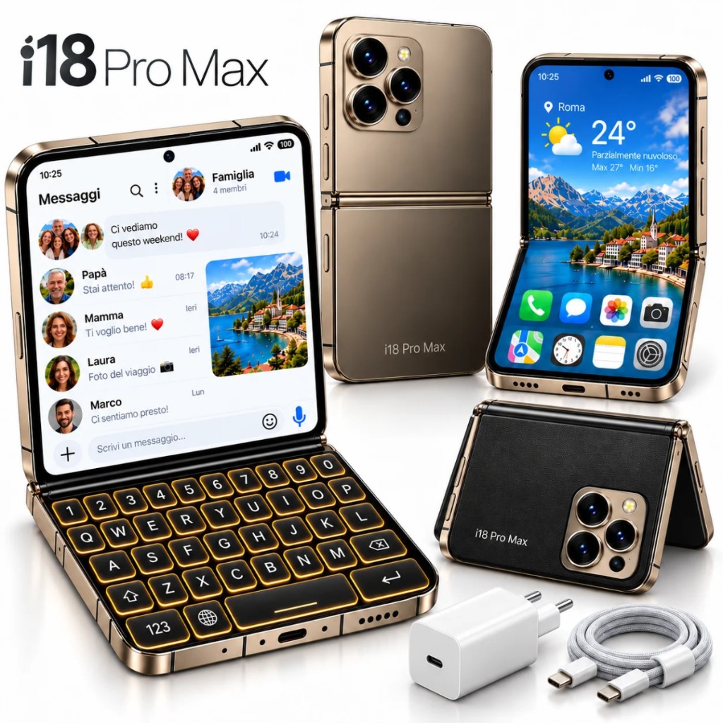 i18 Pro Max™ pieghevole — kit completo con smartphone, cavo e caricatore